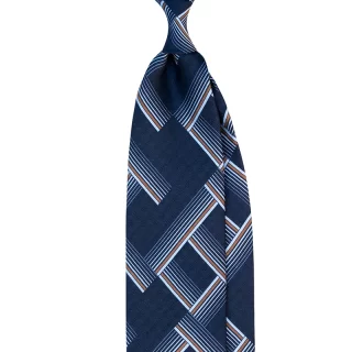 Printed silk tie with geometric motif. Navy color, made in Italy by Stefano Cau