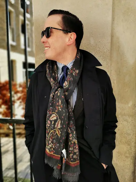 Stefano Cau mens printed wool scarf with floral motif, handmade in Como, Italy