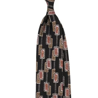 Custom made printed silk tie with vintage motif in black colour. Handmade in Italy by Stefano Cau.