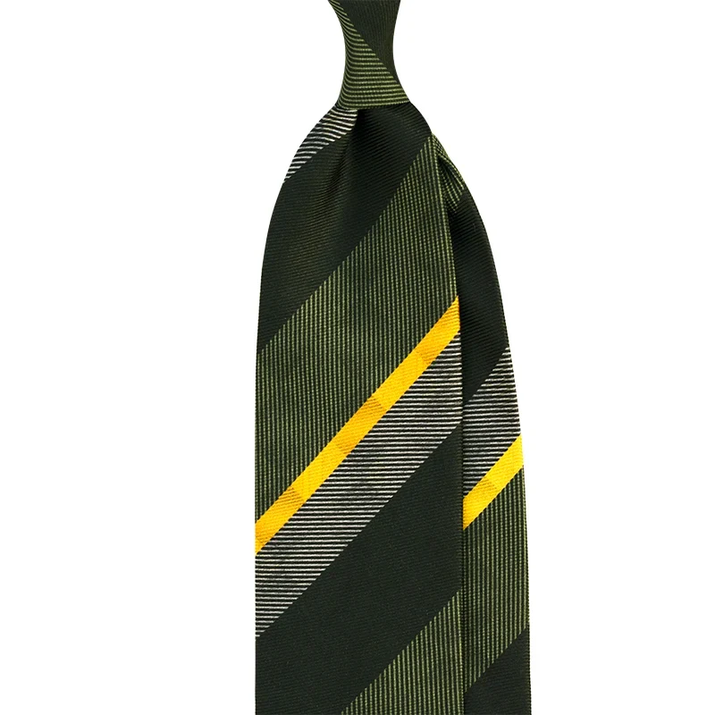 Regimental striped printed silk tie in olive and black colour, custom made by Stefano Cau