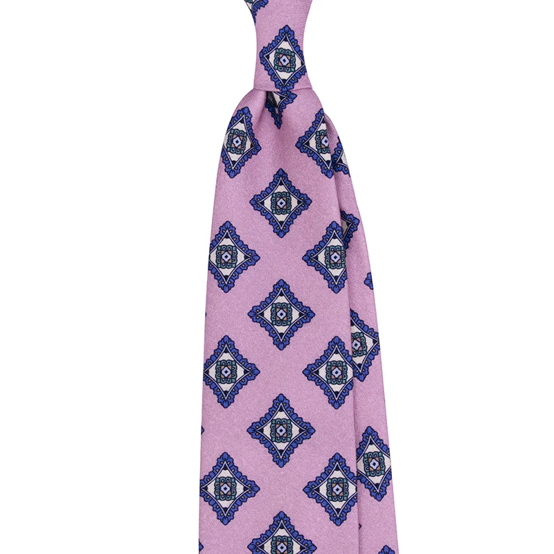 Custom Made Printed wool tie with pink Medallion motif. 100% Made in Italy from Stefano Cau.