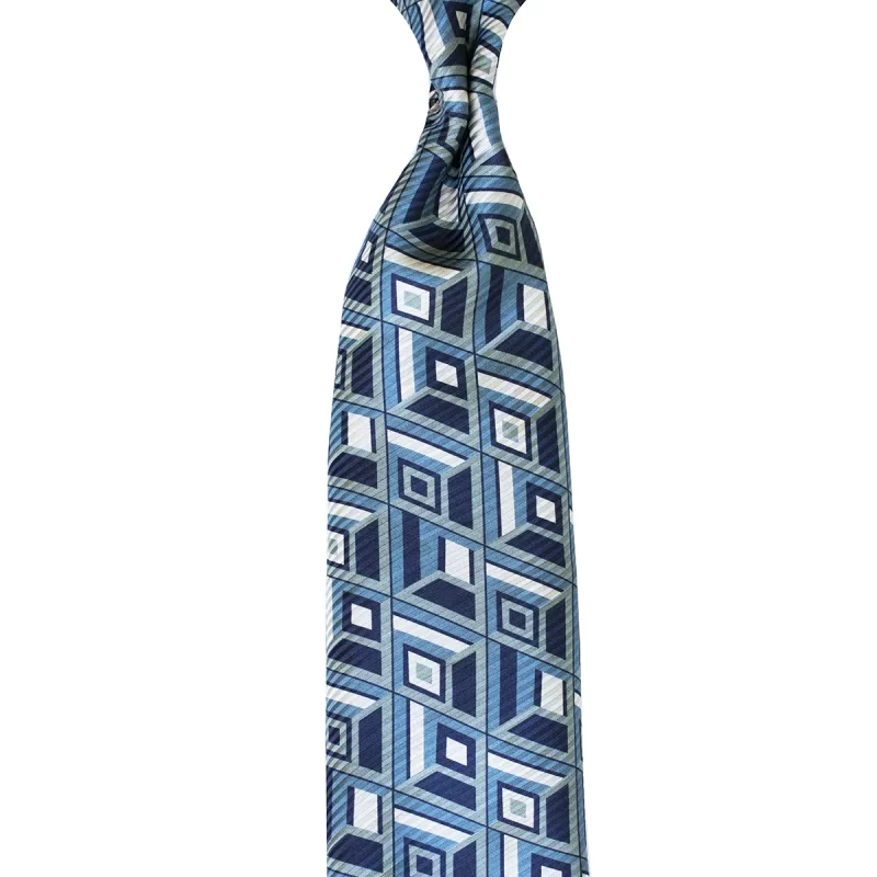 Vintage geometric pattern printed silk tie custom made in Como, Italy by Stefano Cau.