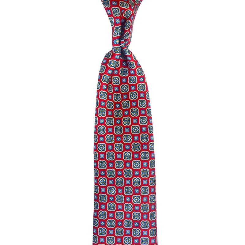 Rosette Motif Printed Italian Silk Tie in Red color. Made upon request by Stefano Cau.