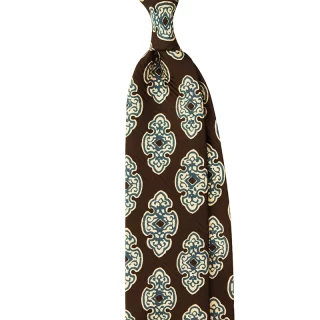 Medallion motif printed silk tie in brown color, custom made in Como, Italy by Stefano Cau.