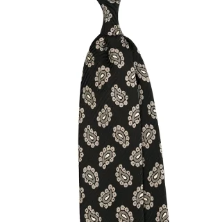 Paisley motif printed silk tie in black color, custom made in Como by Stefano Cau.